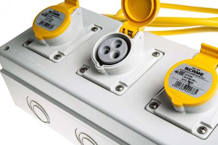 671-1630 Scame 16A Yellow 2+E Pole, 3 Gang Industrial Power Socket, 100 → 130V, IP44