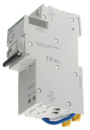 A9D19210 Schneider Electric RCBO, 10A Current Rating, 2P Poles, 30mA Trip Sensitivity, Type C, Acti 9 Range