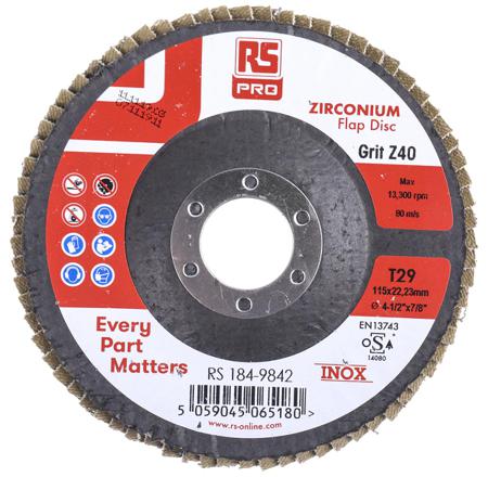 184-9842 RS PRO Zirconium Flap Disc, 115mm x 7mm Thick, 40+ Grade, P40 Grit, 5 in pack