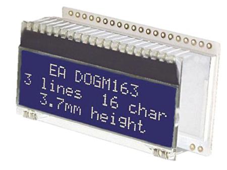 EA DOGM163B-A Display Visions  Alphanumeric LCD Display, White, Yellow-Green on Blue, 3 Rows by 16 Characters,