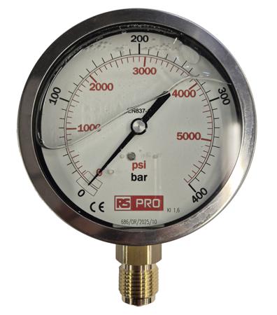 152-297 RS PRO BSP 1/2in Analogue Pressure Gauge 400bar Bottom Entry 100mm Outside Diameter