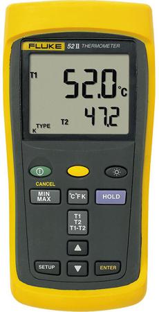 FLUKE-52-2 Fluke 52 II Wired Digital Thermometer for Industrial Use, E, J, K, N, R, S, T Probe, 2 Input(s), +1767°C Max, ±(0.05 %