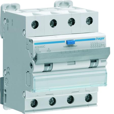 ADX460C Hager RCBO, 10A Current Rating, 4P Poles, 30mA Trip Sensitivity, Type A, Hager Range