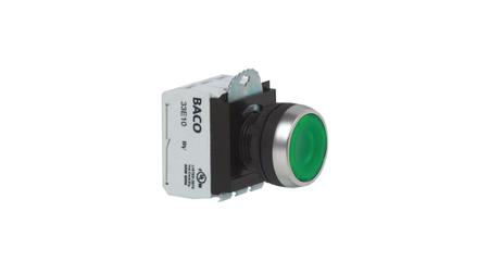 L21AH50L BACO L21 Series Illuminated Push Button Switch, Screw Mount, 22mm Cutout, Green LED, 24V, IP66, IP69K