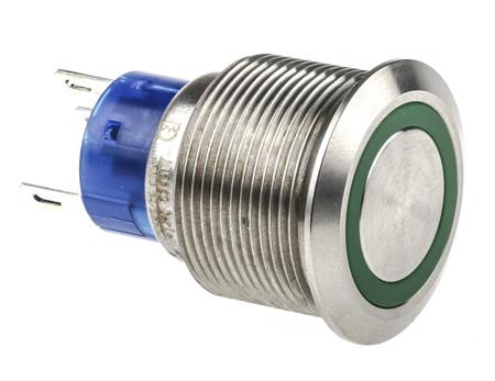 175-9720 Single Pole Double Throw (SPDT) Lock Push Button Switch, IP67, 22.2 Dia.mm, Panel Mount Green LED, 250V ac