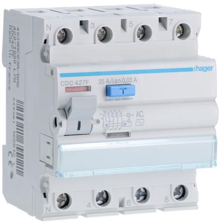 CDC427F Hager CDC RCD Switch, 25A, 4 Pole, 30mA, Type AC, 230 → 400V
