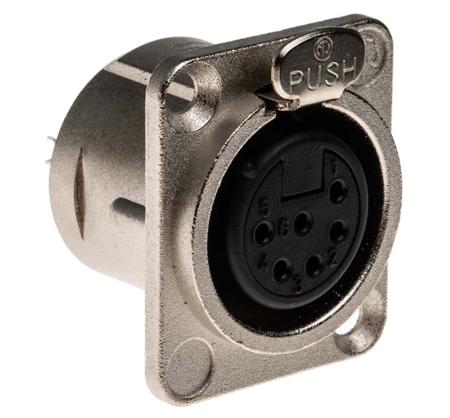 NC6FD-L-1 Neutrik 6 Way Panel Mount XLR Connector, Female, Silver over Nickel Plated Contacts, 50 V