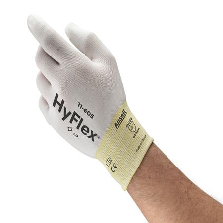 11605070 Ansell HyFlex 11-605 White Nylon Abrasion Resistant Gloves, Size 7, Polyurethane Coating