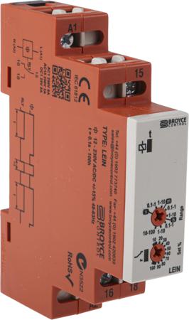 LEIN 12-230V AC/DC Broyce Control DIN Rail Mount Timer Relay, 12 → 230V ac/dc, 1-Contact, 0.1 s → 100h, 1-Function, SPDT