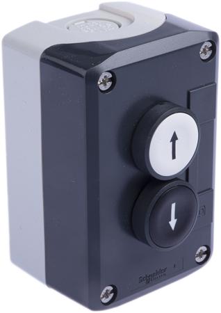 XALD222 Schneider Electric Spring Return Enclosed Push Button - DPST, Polycarbonate, 1 Cutouts, Black/White, Down Arrow, Up