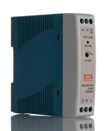 MDR-20-15 MDR DIN Rail Panel Mount Power Supply, Switch Mode 20W, 15V dc/ 1.34A