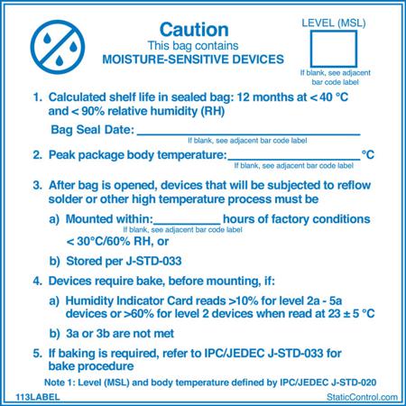 113LABEL SCS Blue Paper ESD Label, Moisture Sensitive Caution Label-Text 102 mm x 102mm