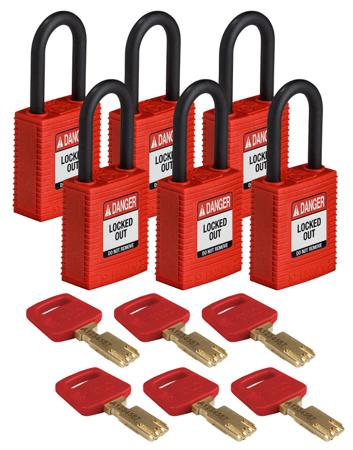 NYL-RED-38PL-KD6PK Brady Key Weatherproof Safety Padlock, 6.35mm Shackle