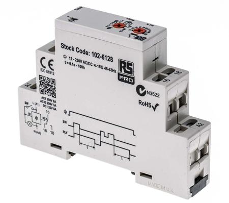 102-6128 RS PRO DIN Rail Mount Timer Relay, 12 → 230V ac/dc, 0.1 s → 100h, SPDT