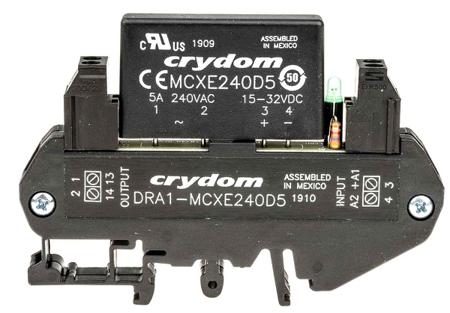 DRA1-MCXE240D5 Sensata Crydom DRA1-MCX Series Solid State Interface Relay, 32 V dc Control, 5 A rms Load, DIN Rail Mount