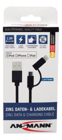 1700-0136 Ansmann USB A Male Apple Lighting Connector, Micro USB B, USB C, 1.2m Cable