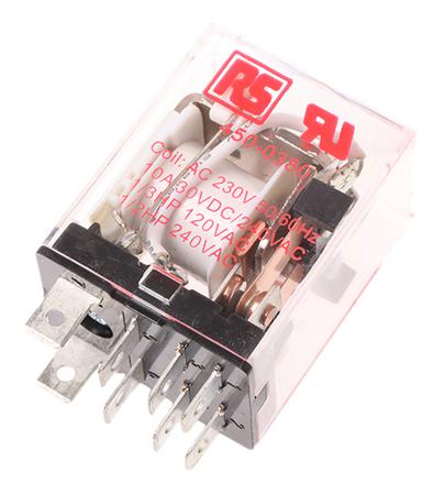 450-0380 RS PRO Plug In Power Relay, 230V ac Coil, 10A Switching Current, DPDT