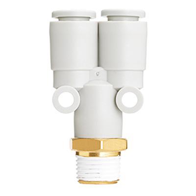 KQ2U06-M5A SMC PBT, PP, Stainless Steel 303 Pneumatic Y Threaded-to-Tube Adapter, M5 x 0.8 Male, Push In 6 mm