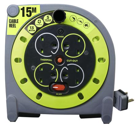 889-2488 15m Extension Reel Type G - British,4 Socket ,Unwound Current Rating 13A,240 V,Yellow