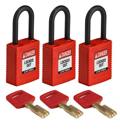 NYL-RED-38PL-KA3PK Brady Key Weatherproof Safety Padlock, Keyed Alike, 6.35mm Shackle