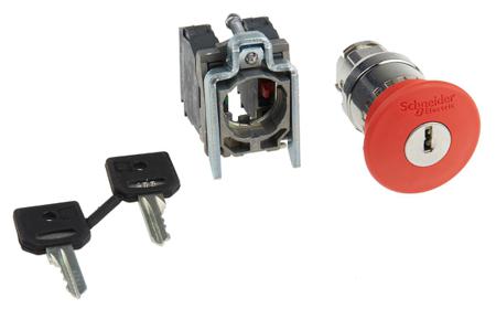 XB4BS9445EX Schneider Electric Harmony XB4 Series Key Release Emergency Stop Push Button, Panel Mount, 22mm Cutout, 1 NO + 1 NC
