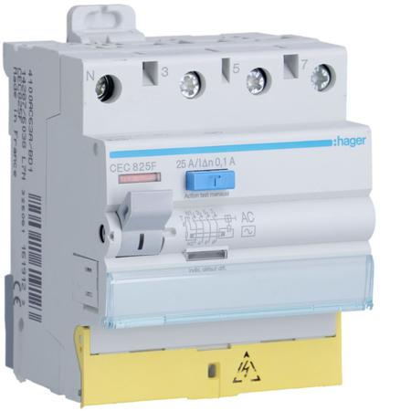 CEC825F Hager CEC RCCB, 25A, 3P+N Pole, 100mA, Type AC, 230 → 400V ac
