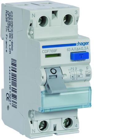 CDF769F Hager CDF RCCB, 63A, 2 Pole, 30mA, Type F, 230V ac