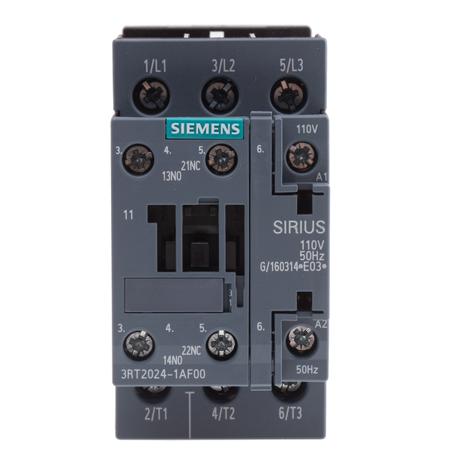 3RT2024-1AF00 Siemens Sirius Innovation 3RT2 3 Pole Contactor, 3NO, 12 A (AC3), 5.5 kW (AC3), 110 V ac Coil