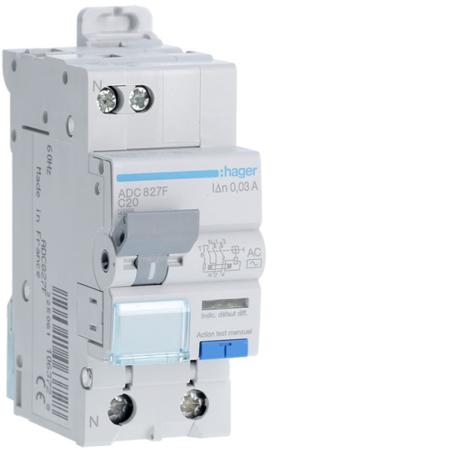 ADC827F Hager RCBO, 20A Current Rating, 1P+N Poles, 30mA Trip Sensitivity, Type AC