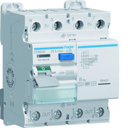 CFB625F Hager CFB RCD Switch, 25A, 4 Pole, 300mA, Type B, 230 → 400V