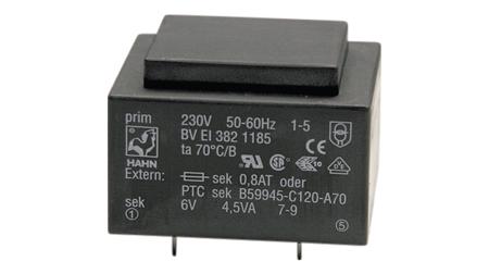 EI382 1190 Hahn 2 x 9V ac PCB Mount PCB Transformer, 4.5VA, EN 61558