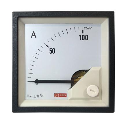 186-2492 RS PRO Analogue Panel Ammeter 0/100A For Shunt 75mV DC, 68mm x 68mm, 1 % Moving Coil