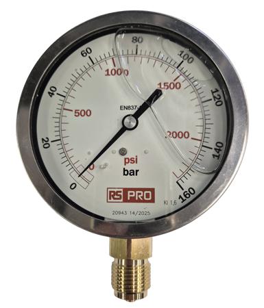 152-295 RS PRO BSP 1/2in Analogue Pressure Gauge 160bar Bottom Entry 100mm Outside Diameter