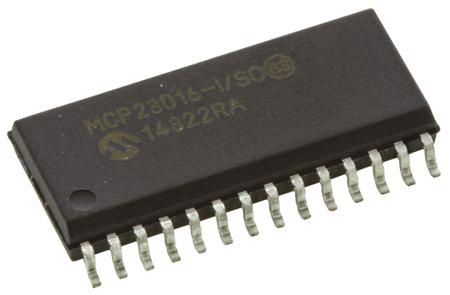 MCP23016-I-SO Microchip MCP23016-I/SO, 16-channel I/O Expander 1MHz, I2C, 28-Pin SOIC