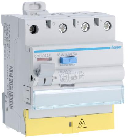 CGC863F Hager CGC RCD Switch, 63A, 4 Pole, 500mA, Type AC, 230 → 400V