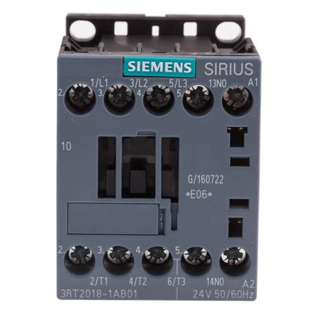3RT2018-1AB01 Siemens Sirius Innovation 3RT2 3 Pole Contactor, 3NO, 16 A (AC3), 7.5 kW (AC3), 24 V ac Coil