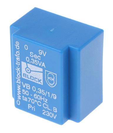 VB 0,35/1/9 Block 9V ac 1 Output Through Hole PCB Transformer, 0.35VA