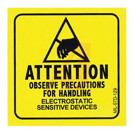 129LABEL SCS Yellow Gloss Paper (Face), Kraft (Liner) ESD Label, Attention-Observe Precautions For Handling Electrostatic