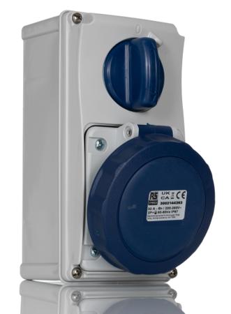 214-4263 RS PRO IP67 Blue Wall Mount 2P+E Vertical Industrial Power Socket, Rated At 32A, 230 V