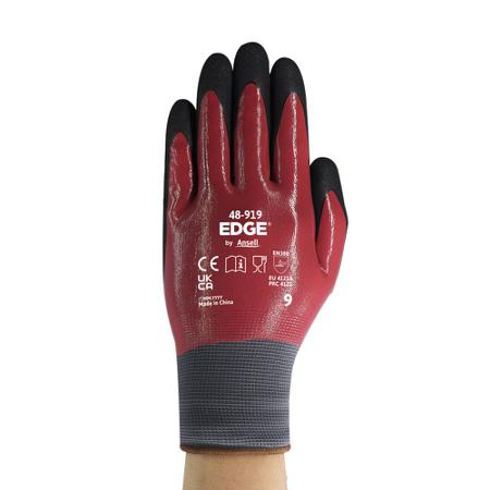 48919120 Ansell Edge 48-919 Black/Red Polyester Oil Resistant Work Gloves, Size 12, Nitrile Coating