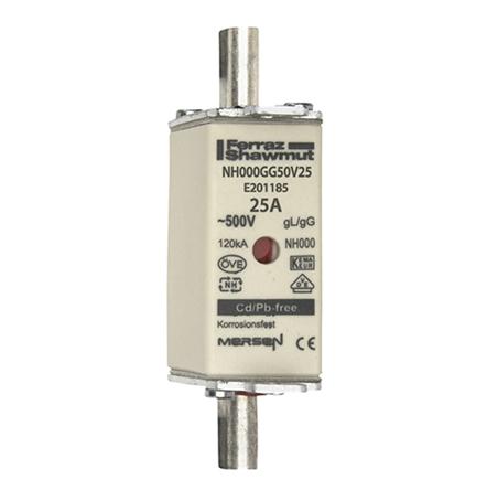E201185C---NH000GG50V25-3 Mersen 25A NH Fuse, NH000, 500V ac
