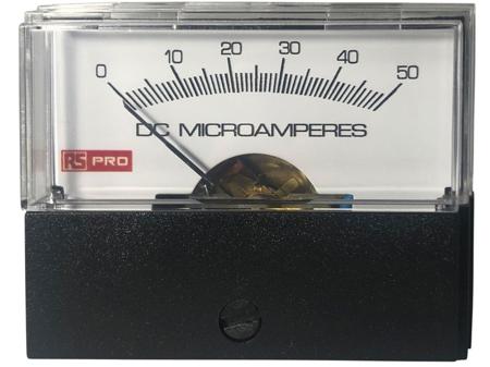 186-2535 RS PRO Analogue Panel Ammeter 50 (Input)μA DC, 57mm x 44mm, ±1.5 % Moving Coil