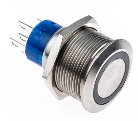 175-9706 Single Pole Double Throw (SPDT) Lock Push Button Switch, IP67, 22.2 Dia.mm, Panel Mount Red LED, 250V ac