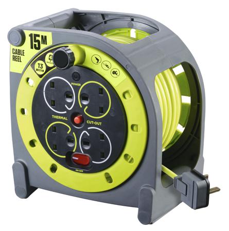 889-2488 15m Extension Reel Type G - British,4 Socket ,Unwound Current Rating 13A,240 V,Yellow