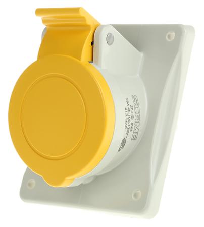 413-1660 Scame IP44 Yellow Panel Mount 2P + E Heavy Duty Power Connector Socket, Rated At 16A, 110 V