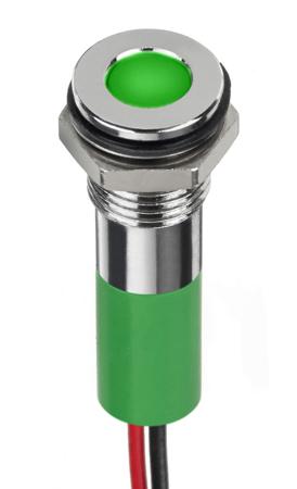 249-4318 RS PRO Green Panel Mount Indicator, 12V dc, 8mm Mounting Hole Size, Lead Wires Termination, IP67