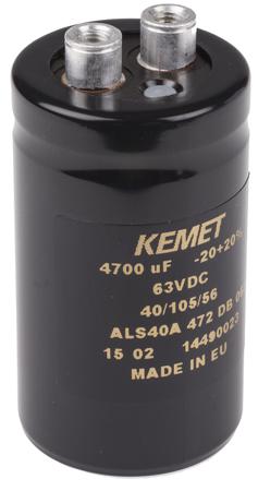 ALS40A472DB063 KEMET 4700μF Aluminium Electrolytic Capacitor 63V dc, Screw Terminal -