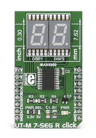 MIKROE-2746 MikroElektronika , UT-M 7-SEG R Click Double 7 Segment Display mikroBus Click Board With MAX6969, DSM7UA30101