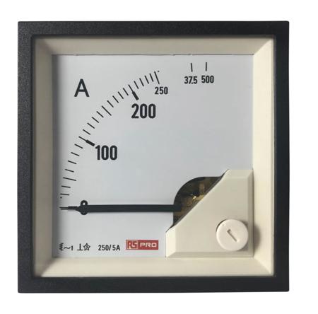 186-2446 RS PRO Analogue Panel Ammeter 10 (Input) A, 250/5 (CT) A, 500 (Scle) A AC, 68mm x 68mm, 1 % Moving Iron