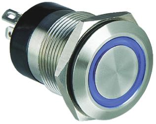 MPI002/28/BL/12 Bulgin MPI002 Series Illuminated Push Button Switch, Momentary, Panel Mount, 19.2mm Cutout, SPST, Blue LED, 24V dc, IP66